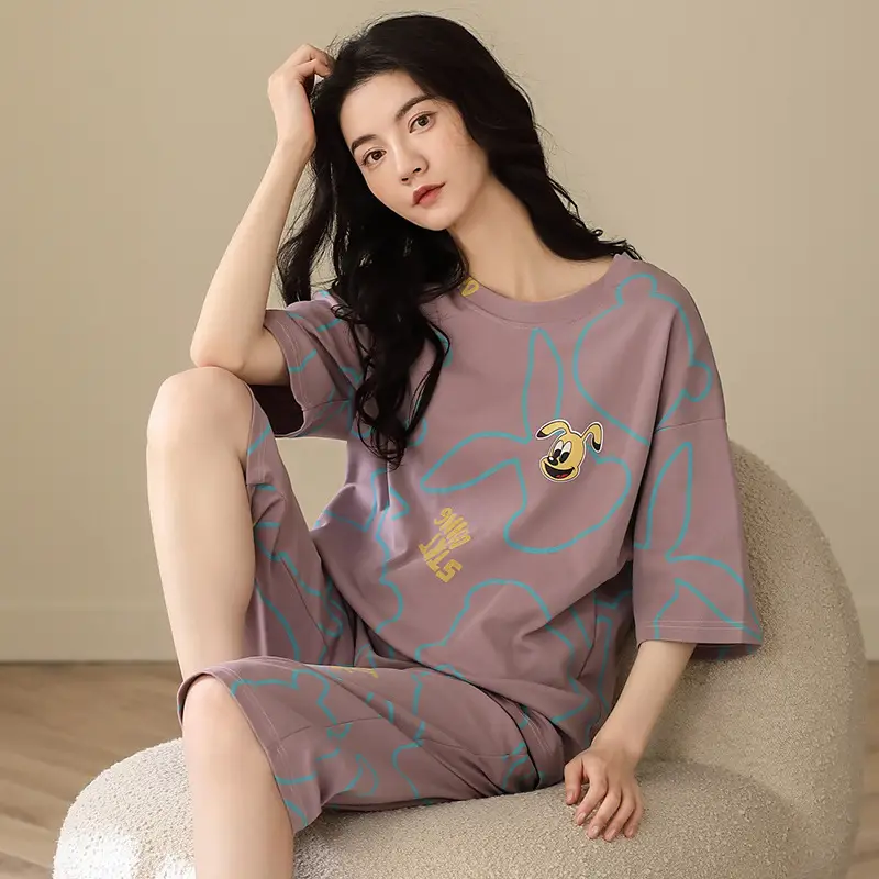 100% cotton pajamas women's short-sleeved cropped pants Korean summer New loose casual student home wear suit thin