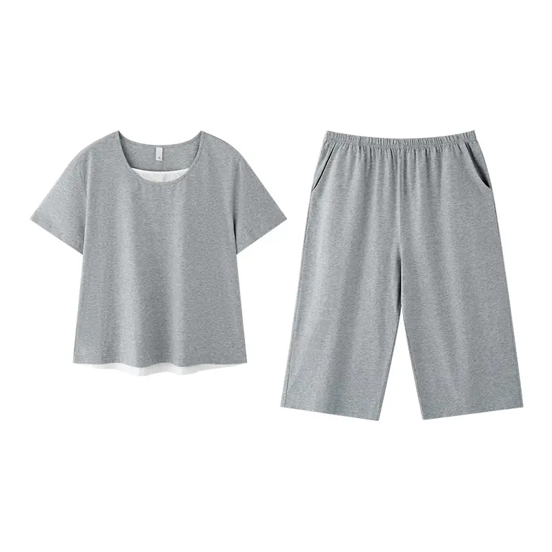100% cotton pajamas women's short-sleeved cropped pants Korean summer New loose casual student home wear suit thin