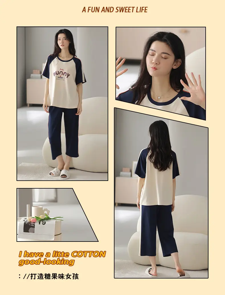 100% cotton pajamas women's short-sleeved cropped pants Korean summer New loose casual student home wear suit thin — feature 15