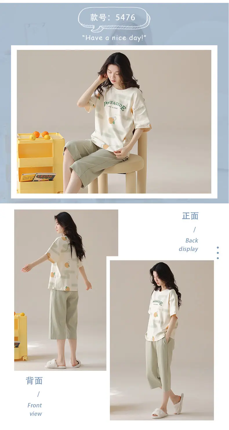 100% cotton pajamas women's short-sleeved cropped pants Korean summer New loose casual student home wear suit thin — feature 17