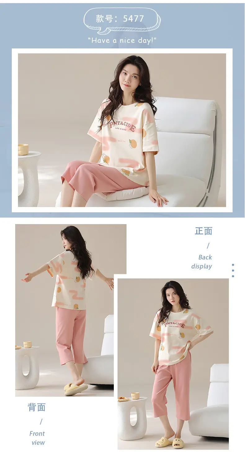 100% cotton pajamas women's short-sleeved cropped pants Korean summer New loose casual student home wear suit thin — feature 18