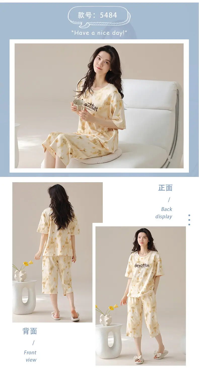100% cotton pajamas women's short-sleeved cropped pants Korean summer New loose casual student home wear suit thin — feature 19