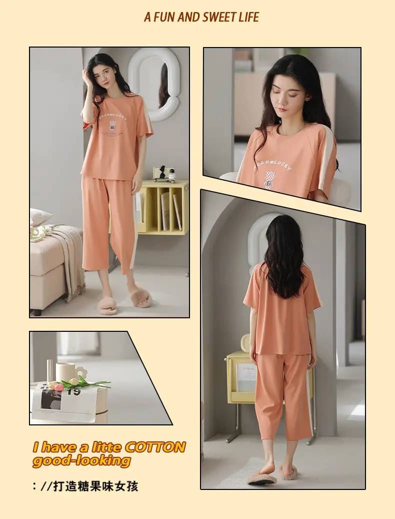 100% cotton pajamas women's short-sleeved cropped pants Korean summer New loose casual student home wear suit thin — feature 21
