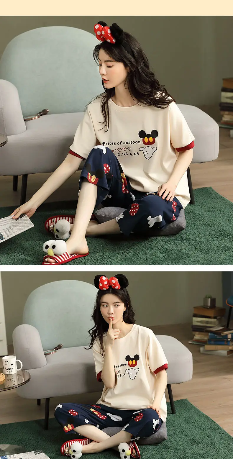 100% cotton pajamas women's short-sleeved cropped pants Korean summer New loose casual student home wear suit thin — feature 22