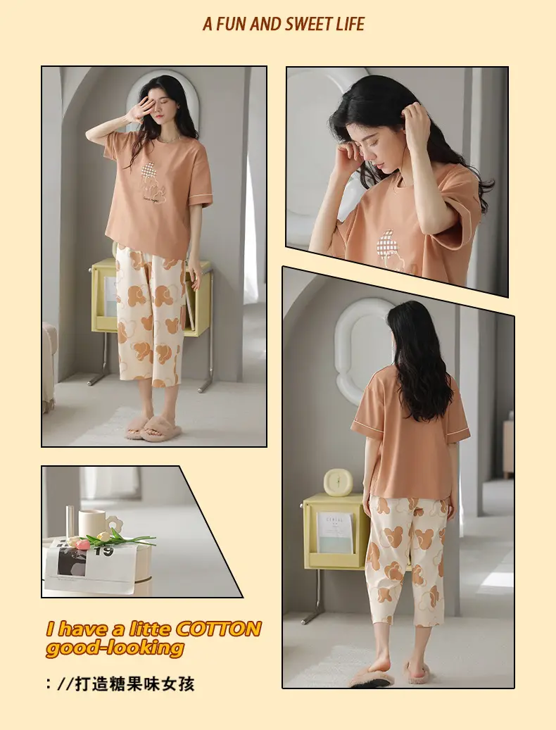 100% cotton pajamas women's short-sleeved cropped pants Korean summer New loose casual student home wear suit thin — feature 23