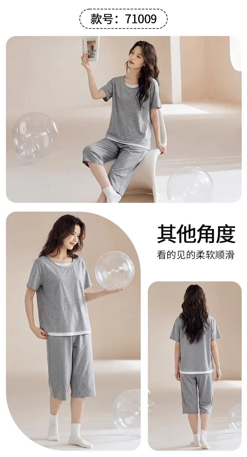 100% cotton pajamas women's short-sleeved cropped pants Korean summer New loose casual student home wear suit thin — feature 6