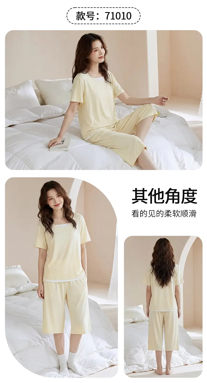 100% cotton pajamas women's short-sleeved cropped pants Korean summer New loose casual student home wear suit thin — feature 7