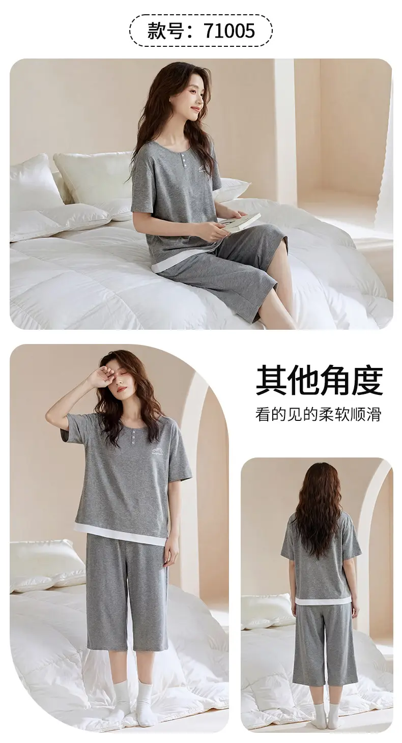 100% cotton pajamas women's short-sleeved cropped pants Korean summer New loose casual student home wear suit thin — feature 8