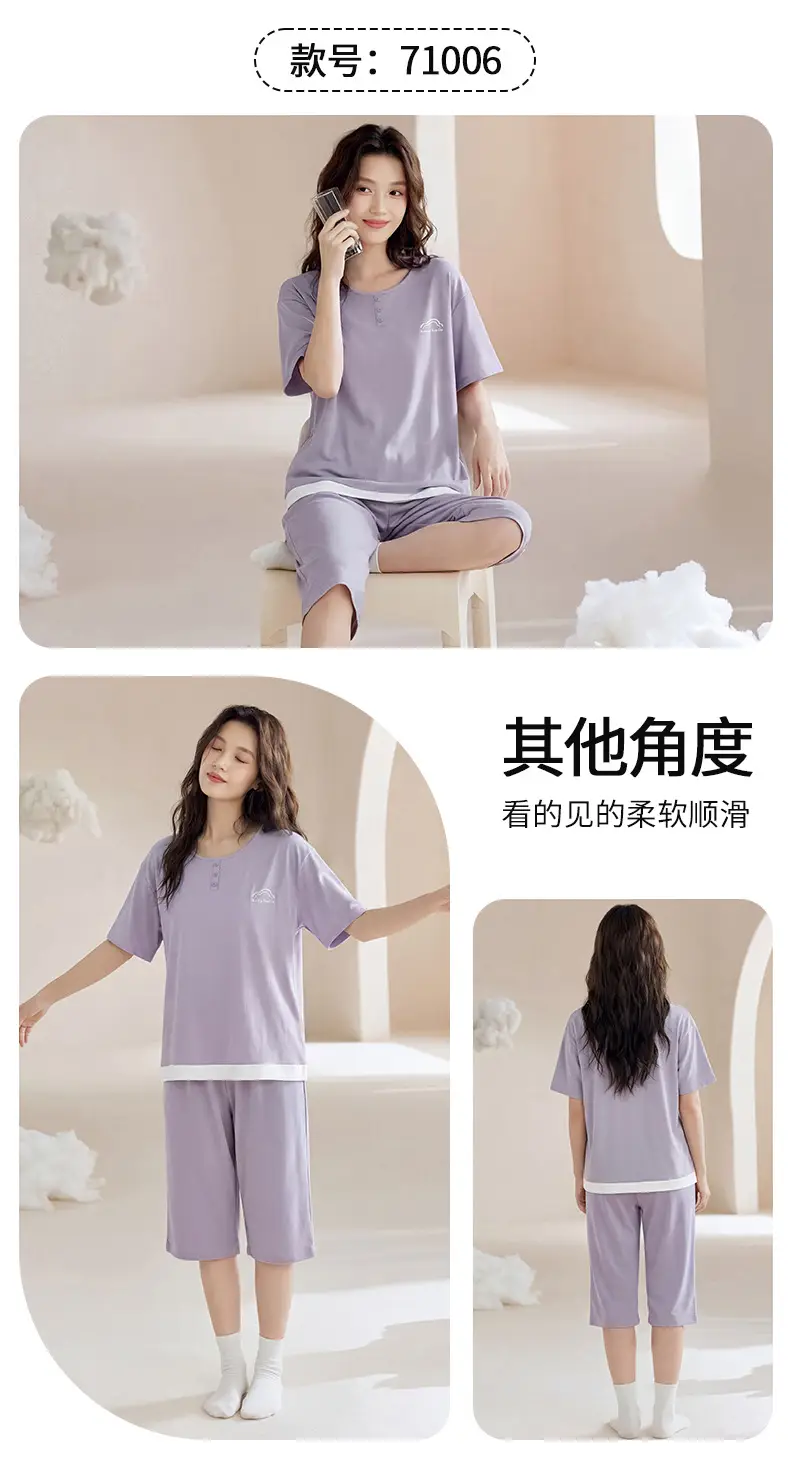 100% cotton pajamas women's short-sleeved cropped pants Korean summer New loose casual student home wear suit thin — feature 9