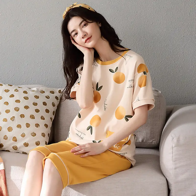 100% cotton pajamas women's short-sleeved cropped pants Korean summer New loose casual student home wear suit thin