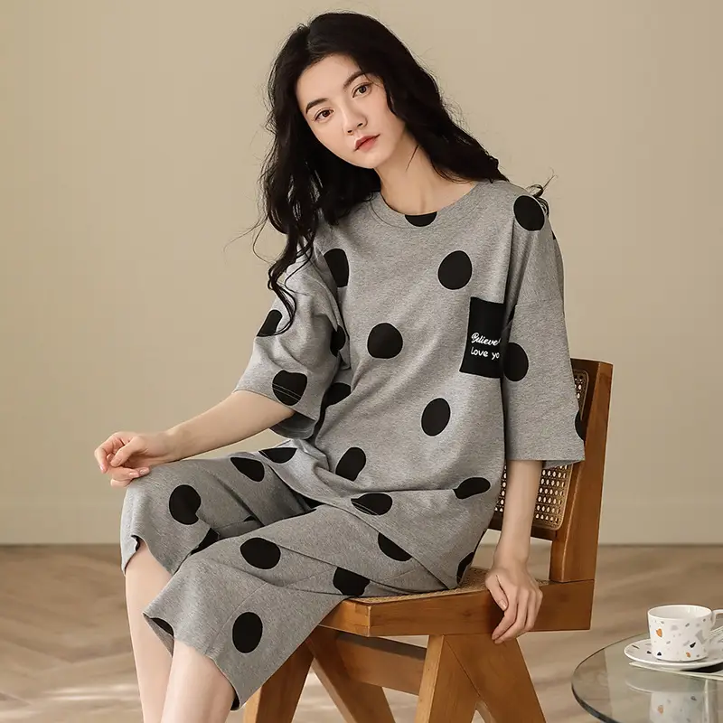 100% cotton pajamas women's short-sleeved cropped pants Korean summer New loose casual student home wear suit thin