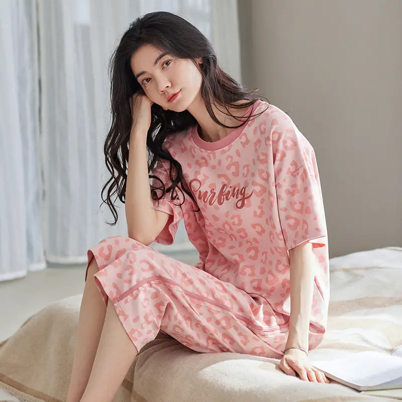 100% cotton pajamas women's short-sleeved cropped pants Korean summer New loose casual student home wear suit thin