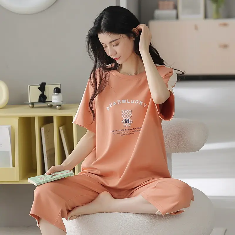 100% cotton pajamas women's short-sleeved cropped pants Korean summer New loose casual student home wear suit thin