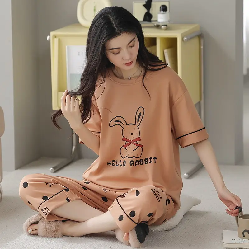 100% cotton pajamas women's short-sleeved cropped pants Korean summer New loose casual student home wear suit thin