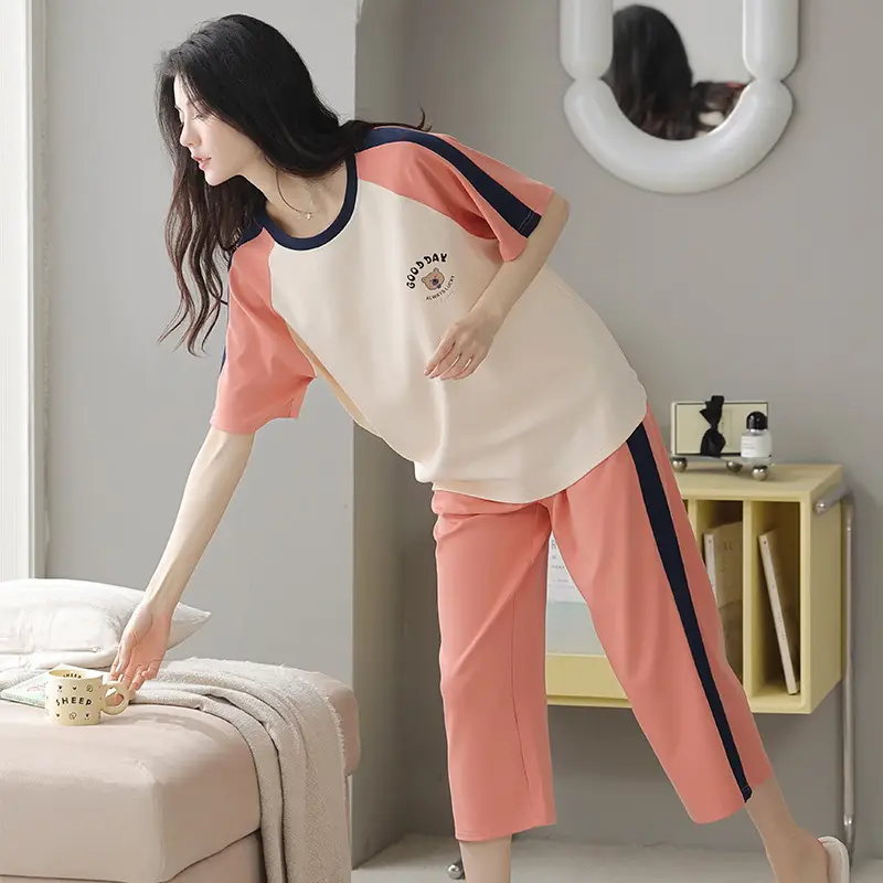 100% cotton pajamas women's short-sleeved cropped pants Korean summer New loose casual student home wear suit thin
