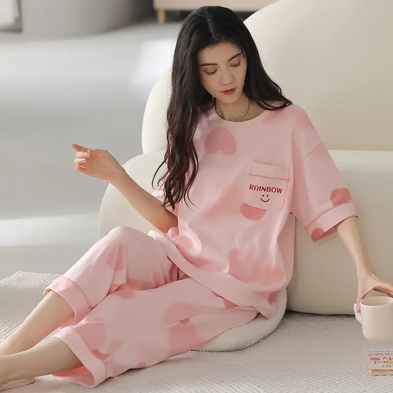 100% cotton pajamas women's short-sleeved cropped pants Korean summer New loose casual student home wear suit thin