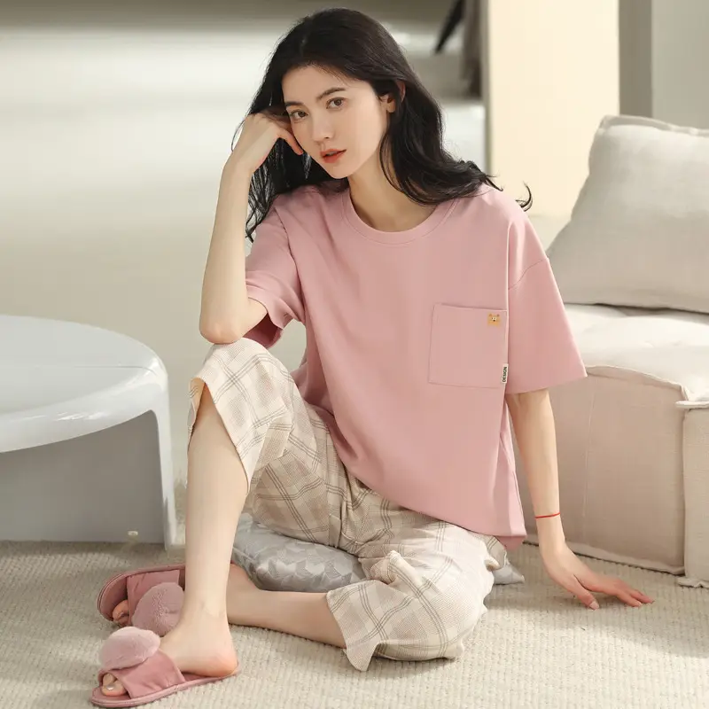 100% cotton pajamas women's short-sleeved cropped pants Korean summer New loose casual student home wear suit thin