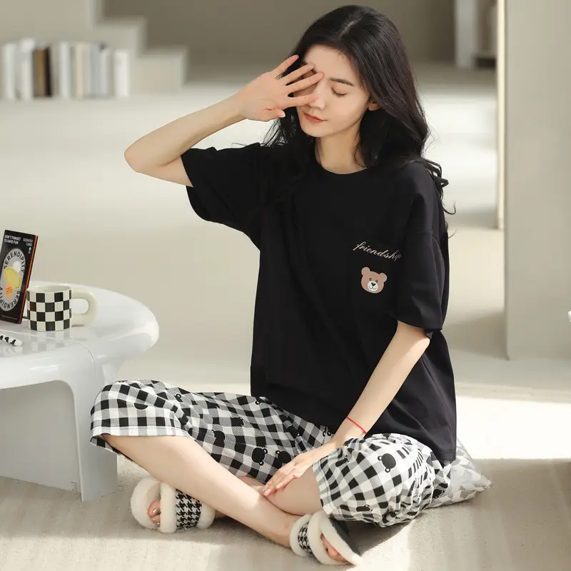 100% cotton pajamas women's short-sleeved cropped pants Korean summer New loose casual student home wear suit thin