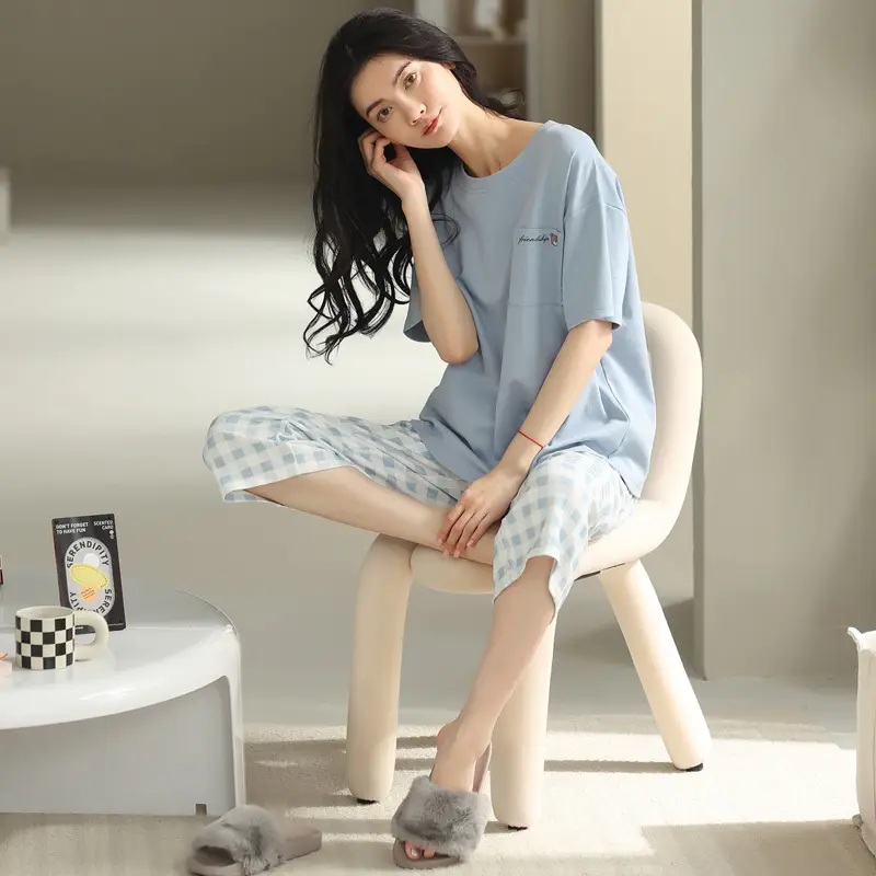 100% cotton pajamas women's short-sleeved cropped pants Korean summer New loose casual student home wear suit thin