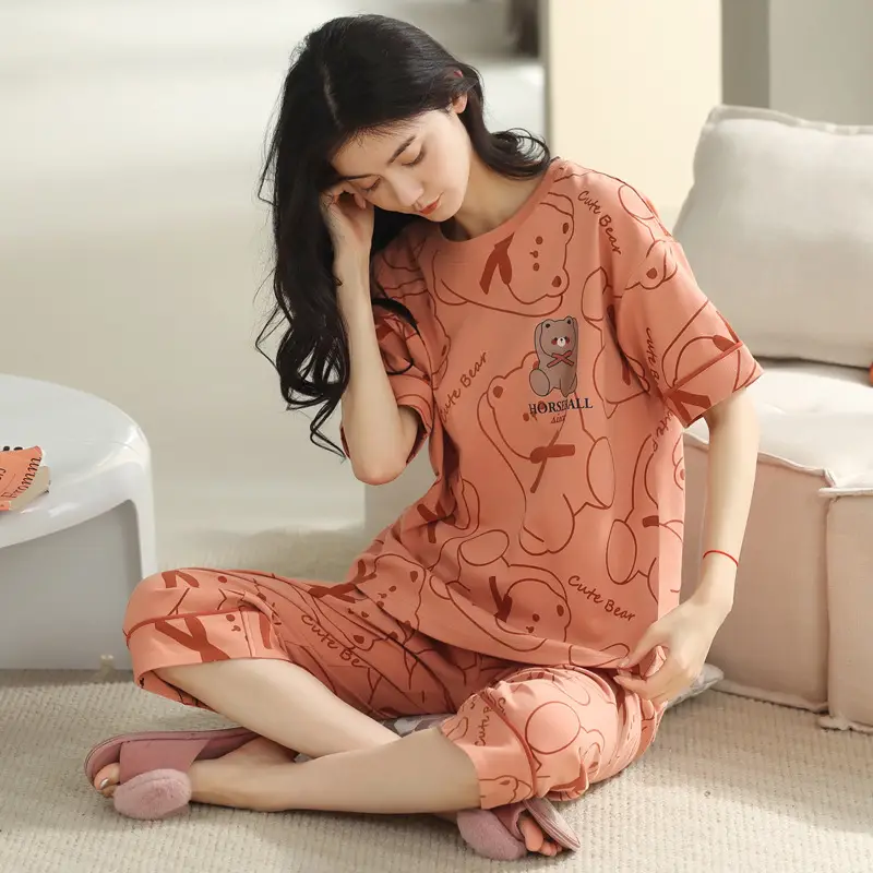 100% cotton pajamas women's short-sleeved cropped pants Korean summer New loose casual student home wear suit thin