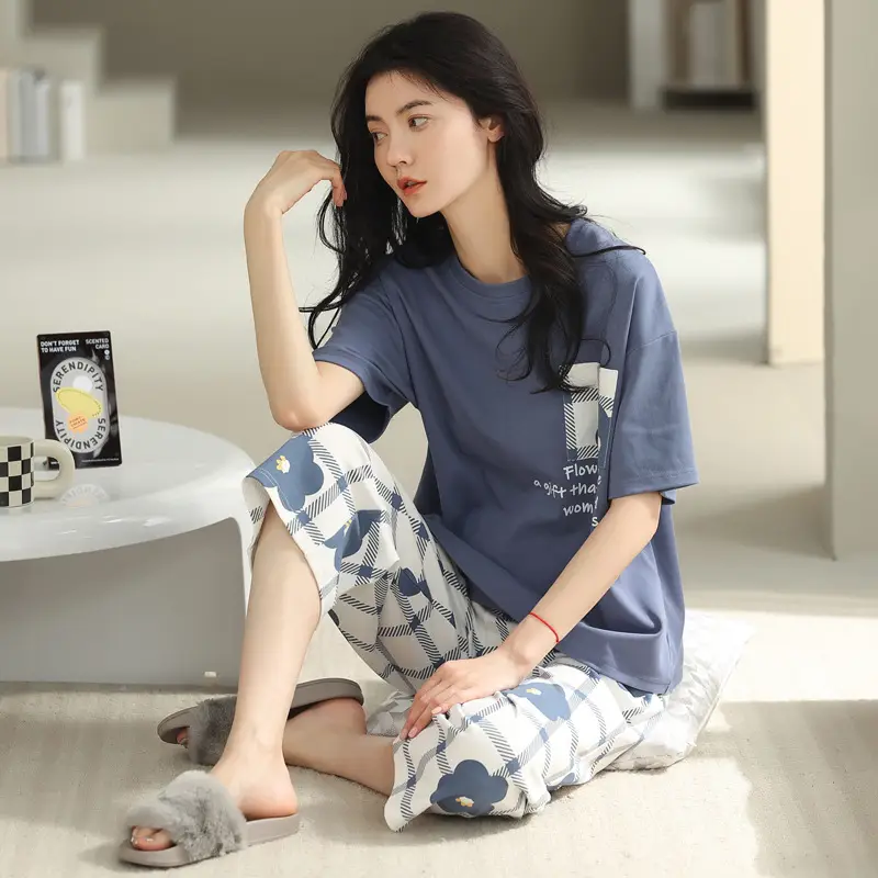 100% cotton pajamas women's short-sleeved cropped pants Korean summer New loose casual student home wear suit thin