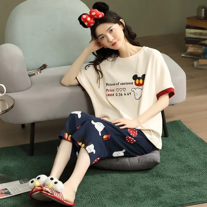 100% cotton pajamas women's short-sleeved cropped pants Korean summer New loose casual student home wear suit thin