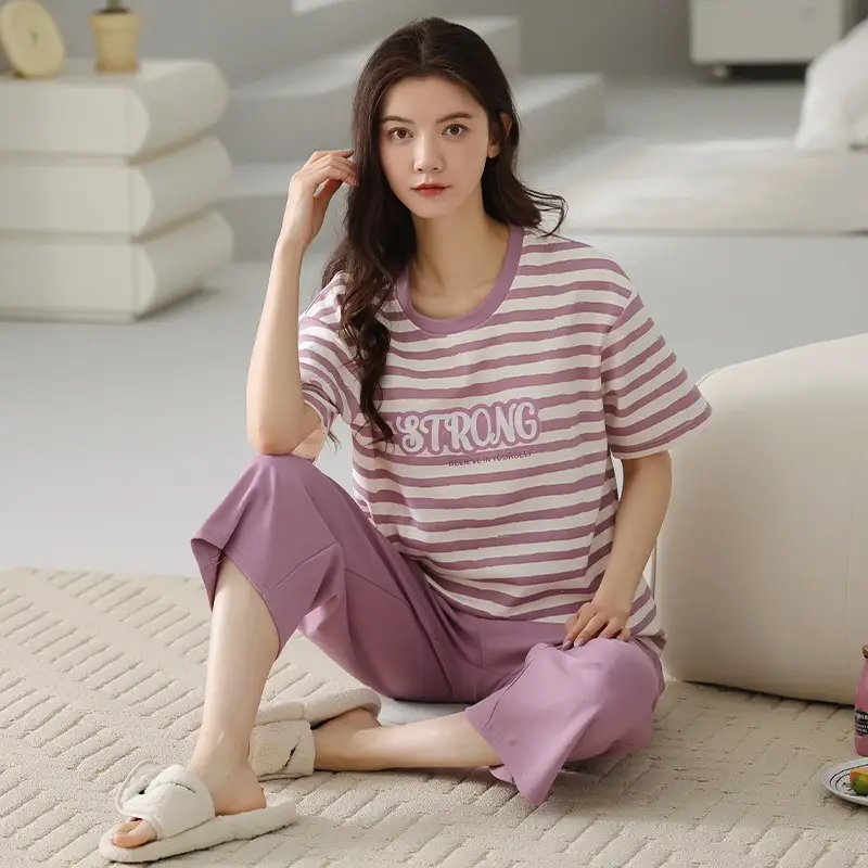 100% cotton pajamas women's short-sleeved cropped pants Korean summer New loose casual student home wear suit thin