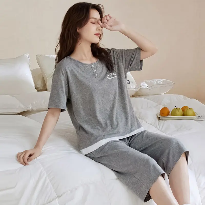 100% cotton pajamas women's short-sleeved cropped pants Korean summer New loose casual student home wear suit thin