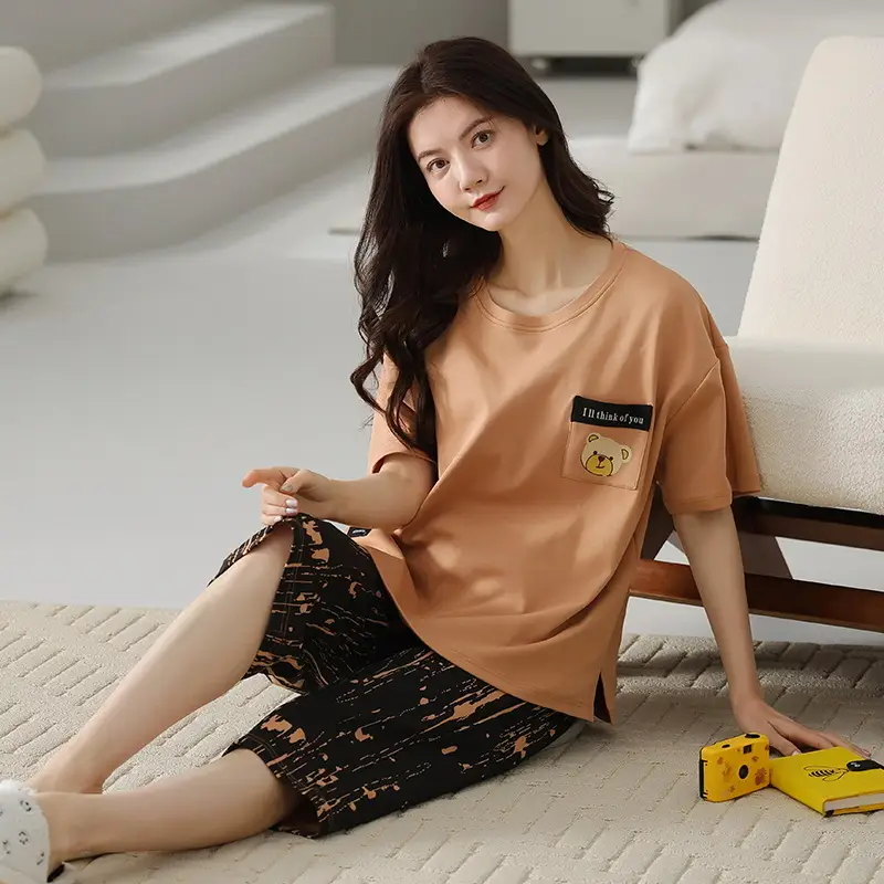 100% cotton pajamas women's short-sleeved cropped pants Korean summer New loose casual student home wear suit thin