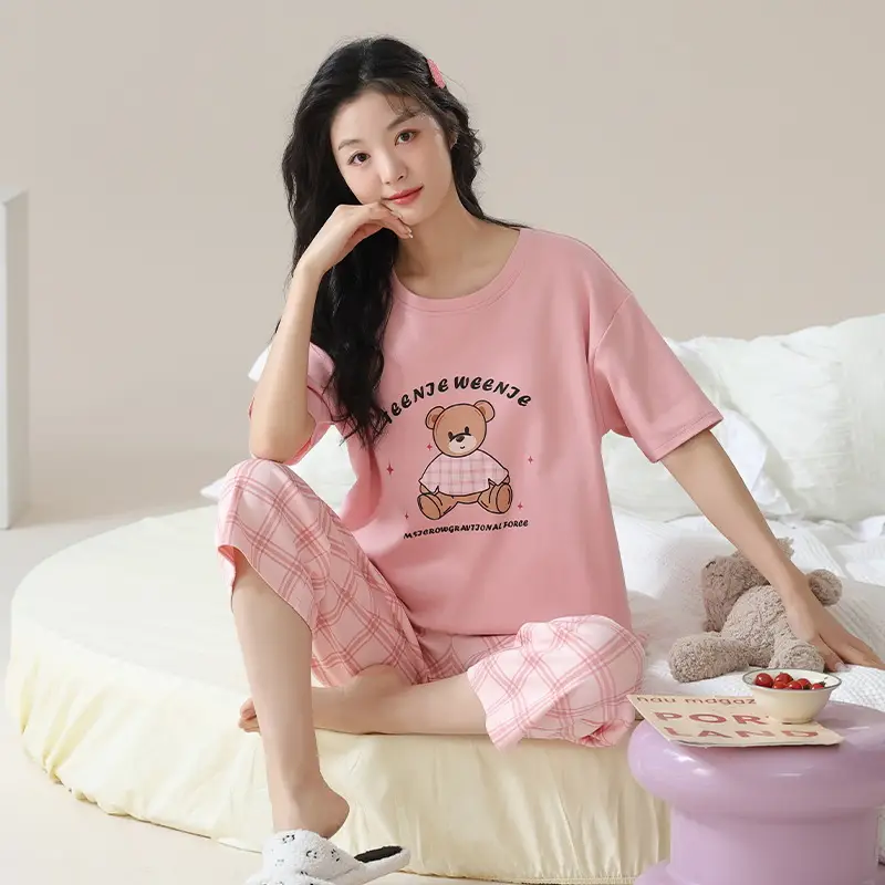 100% cotton pajamas women's short-sleeved cropped pants Korean summer New loose casual student home wear suit thin