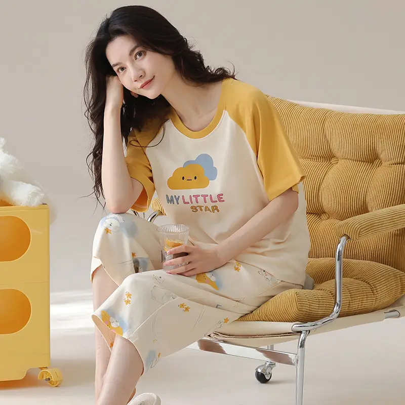 100% cotton pajamas women's short-sleeved cropped pants Korean summer New loose casual student home wear suit thin
