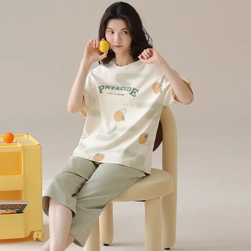 100% cotton pajamas women's short-sleeved cropped pants Korean summer New loose casual student home wear suit thin