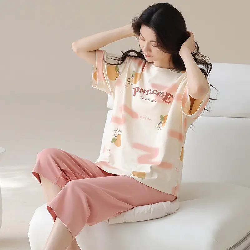 100% cotton pajamas women's short-sleeved cropped pants Korean summer New loose casual student home wear suit thin