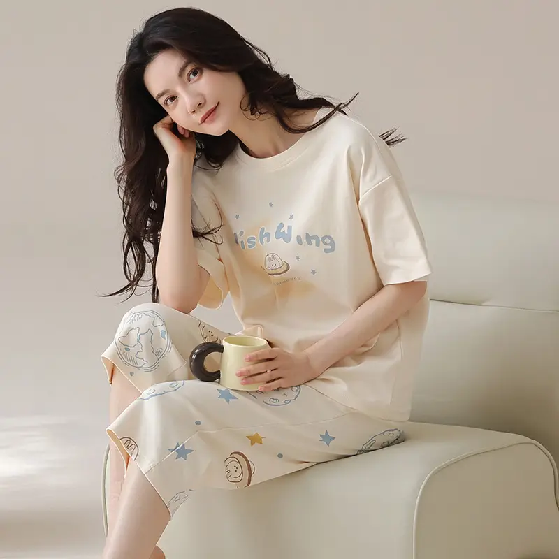 100% cotton pajamas women's short-sleeved cropped pants Korean summer New loose casual student home wear suit thin