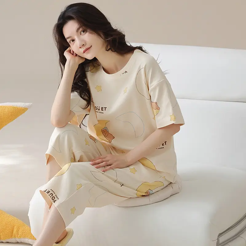 100% cotton pajamas women's short-sleeved cropped pants Korean summer New loose casual student home wear suit thin