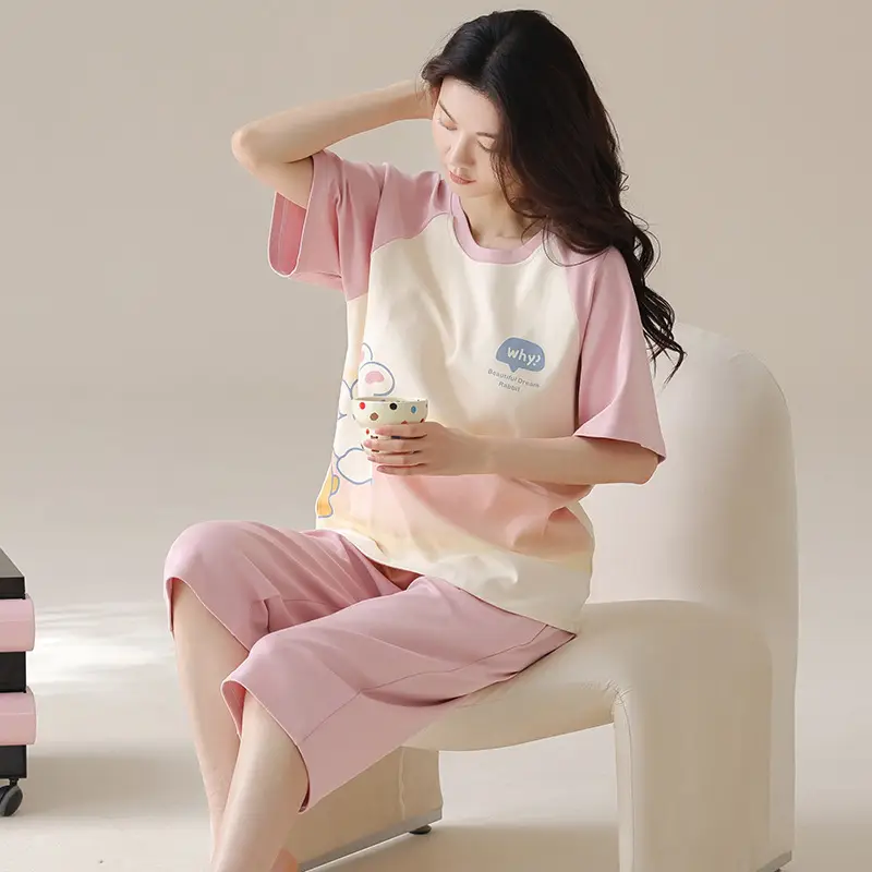 100% cotton pajamas women's short-sleeved cropped pants Korean summer New loose casual student home wear suit thin