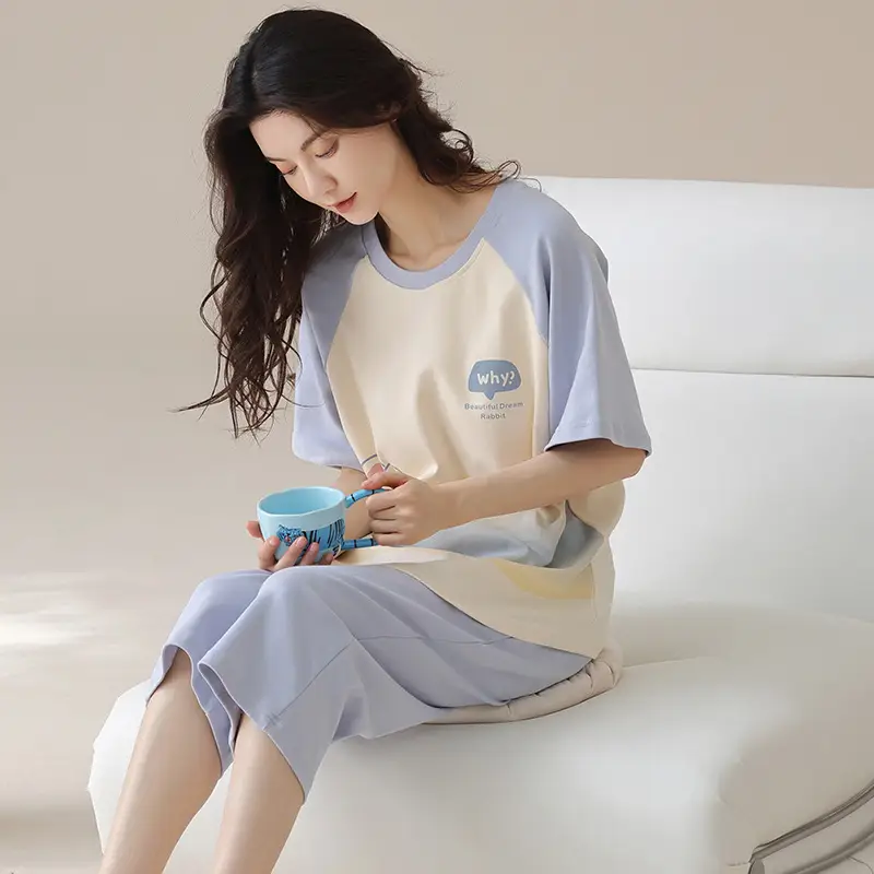 100% cotton pajamas women's short-sleeved cropped pants Korean summer New loose casual student home wear suit thin