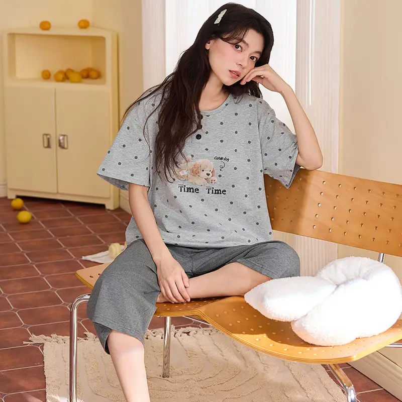 100% cotton pajamas women's short-sleeved cropped pants Korean summer New loose casual student home wear suit thin