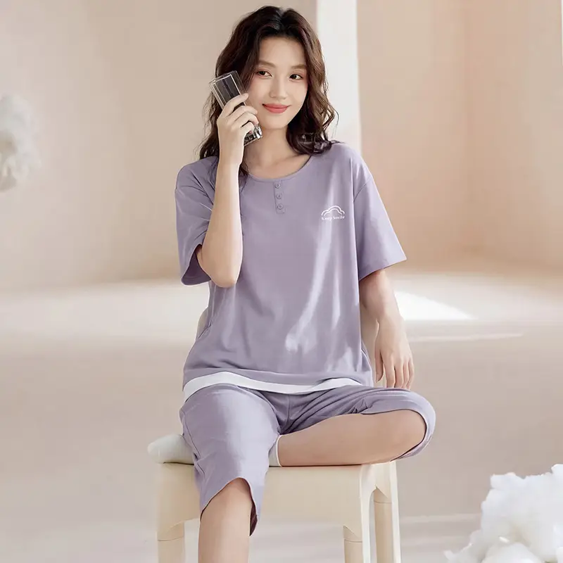 100% cotton pajamas women's short-sleeved cropped pants Korean summer New loose casual student home wear suit thin