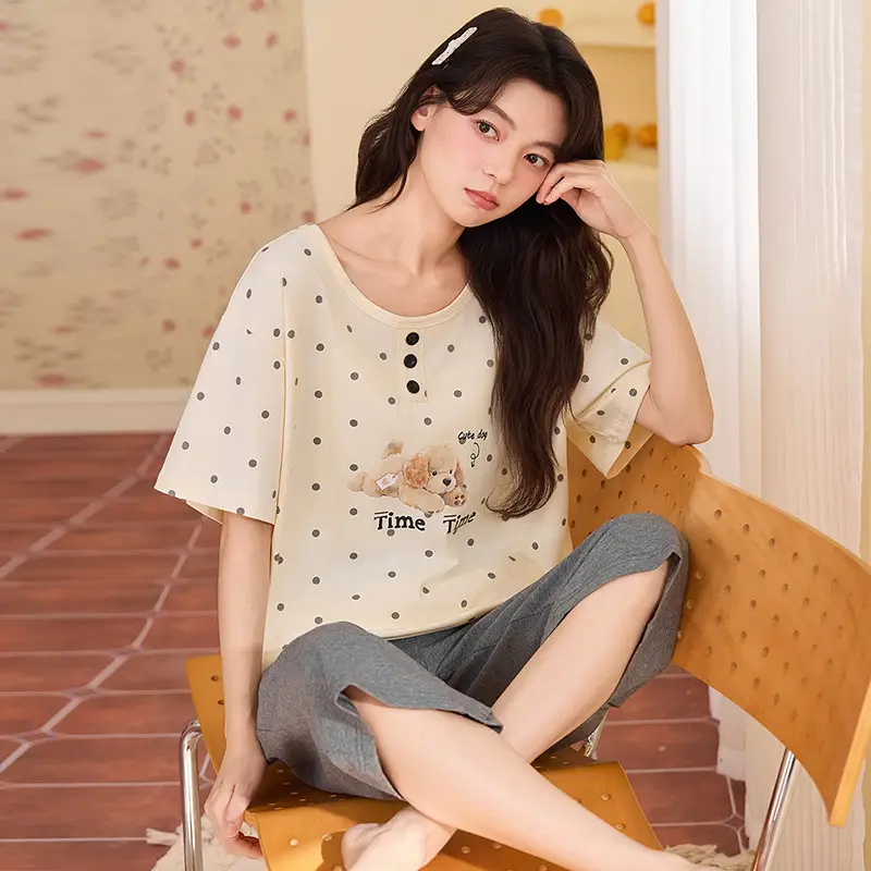100% cotton pajamas women's short-sleeved cropped pants Korean summer New loose casual student home wear suit thin