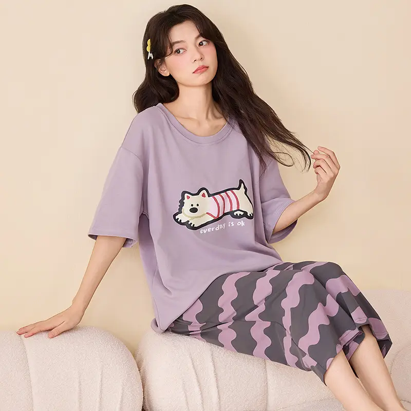 100% cotton pajamas women's short-sleeved cropped pants Korean summer New loose casual student home wear suit thin