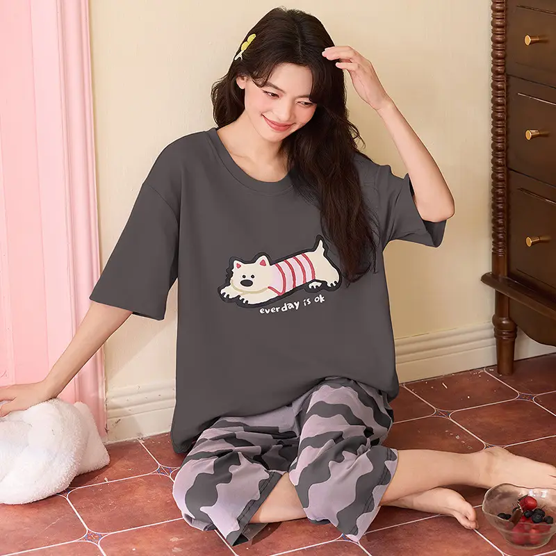 100% cotton pajamas women's short-sleeved cropped pants Korean summer New loose casual student home wear suit thin