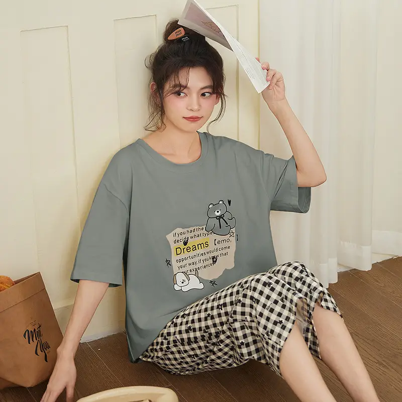 100% cotton pajamas women's short-sleeved cropped pants Korean summer New loose casual student home wear suit thin