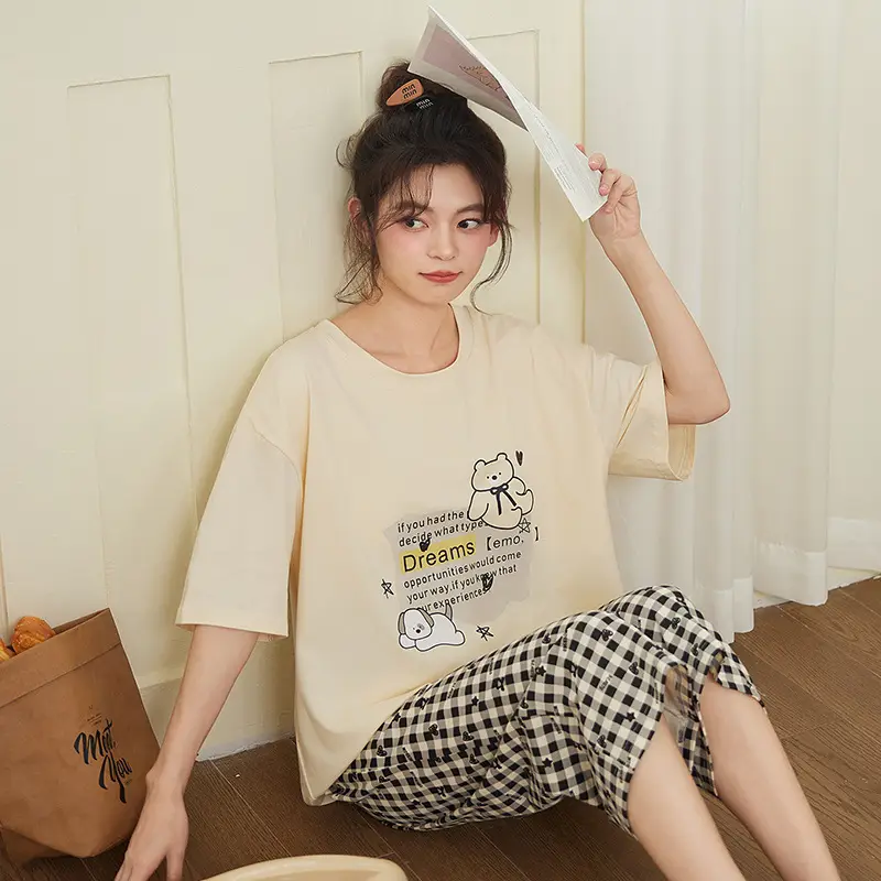 100% cotton pajamas women's short-sleeved cropped pants Korean summer New loose casual student home wear suit thin