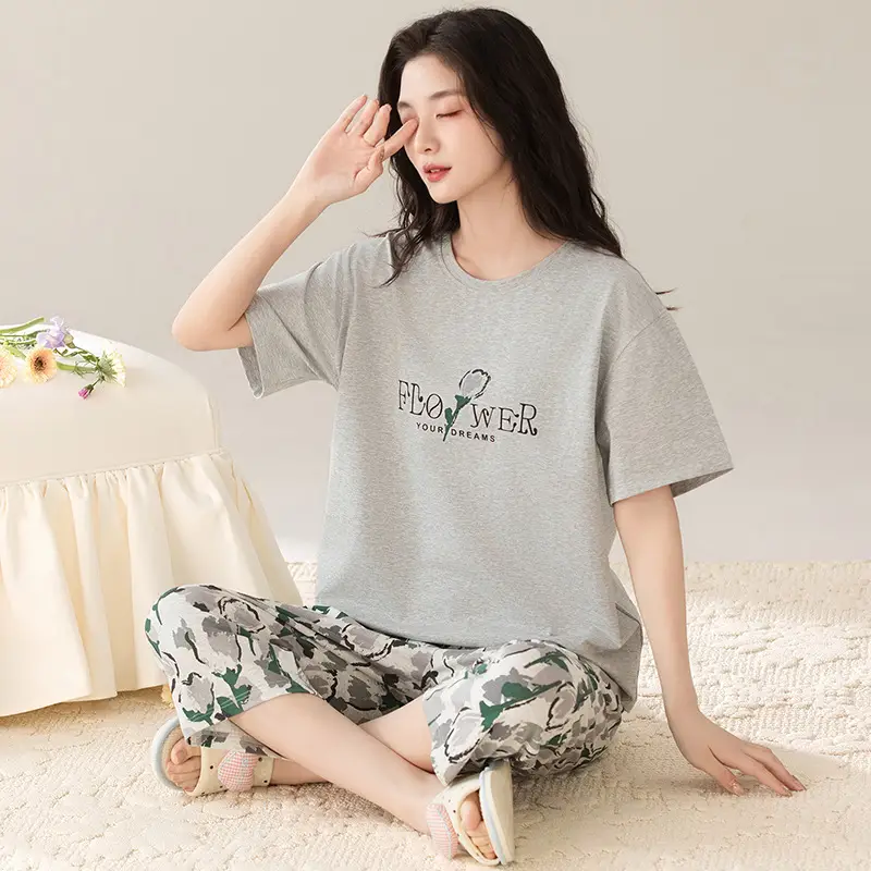 100% cotton pajamas women's short-sleeved cropped pants Korean summer New loose casual student home wear suit thin