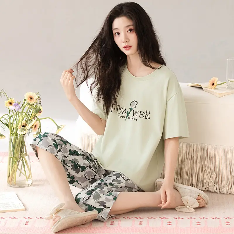 100% cotton pajamas women's short-sleeved cropped pants Korean summer New loose casual student home wear suit thin