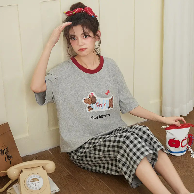 100% cotton pajamas women's short-sleeved cropped pants Korean summer New loose casual student home wear suit thin