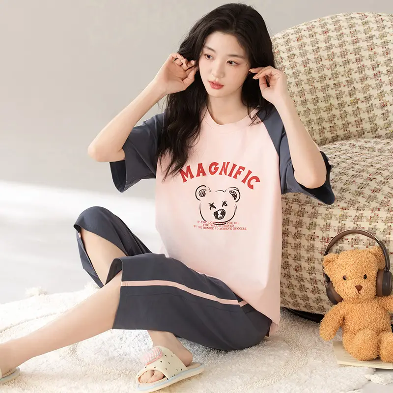 100% cotton pajamas women's short-sleeved cropped pants Korean summer New loose casual student home wear suit thin