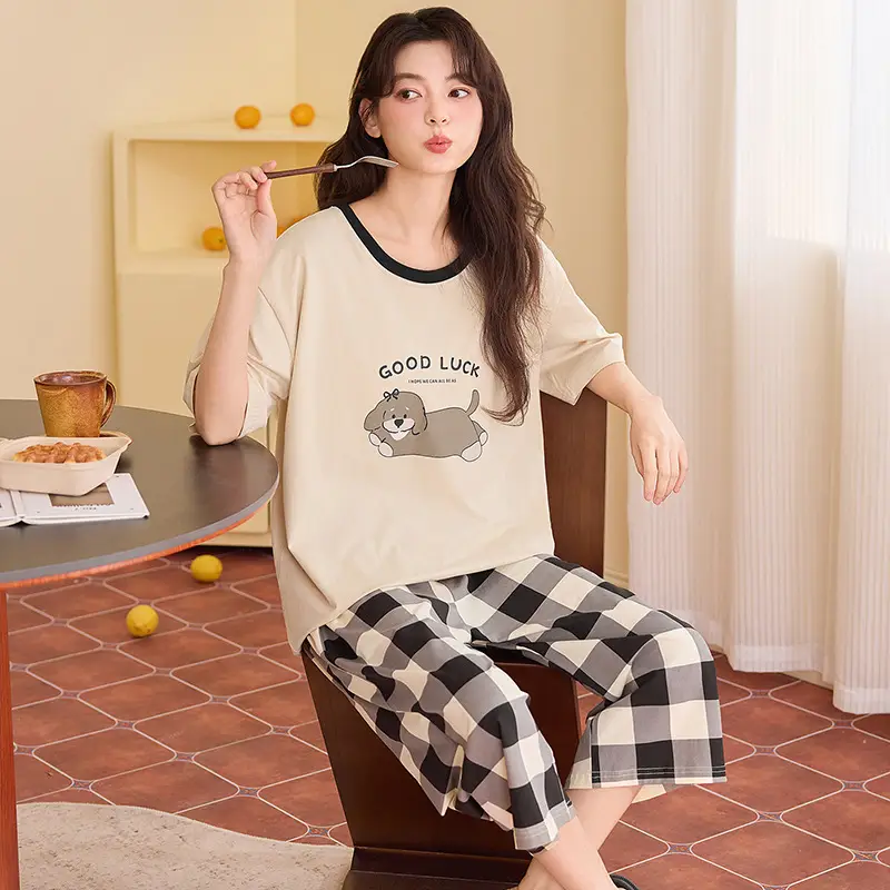 100% cotton pajamas women's short-sleeved cropped pants Korean summer New loose casual student home wear suit thin