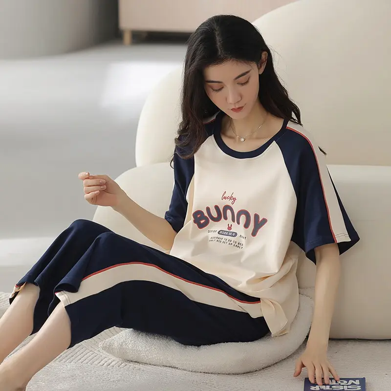 100% cotton pajamas women's short-sleeved cropped pants Korean summer New loose casual student home wear suit thin